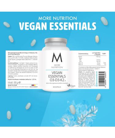 MORE NUTRITION Vegan Essentials O3-D3-K2 | 80 Algae Oil Capsules | Omega 3 & Vegan-Friendly Supplements - Buy Online on GoSupps.com
