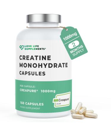 Love Life Supplements Creapure Creatine Monohydrate 150 Capsules 1 Gram per Capsule (not Powder or Tablets) 30-50 Servings for Muscle Building Strength & Power Output 3rd Party Tested
