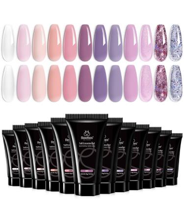 Beetles Poly Nail Extension Kit 12 Colors Flexible Rose Poly Nail Gel Nail Kit Clear White Pink Purple Glitter Beetles Poly Nail Extension Gel Kit Nail Art Design Easy DIY Salon Gift for Women 12 Pcs Flexible Rose