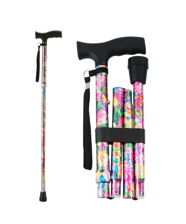 LIXIANG Walking Cane, 5-Level Height Adjustable Folding Walking Stick for Men & Women with Comfortable Plastic T-Handle Portable Walking Stick, Rosy Floral Printing APink Floral Printing