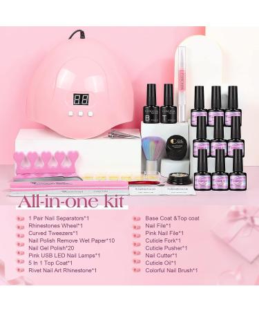 Professional Gel Nail Polish Kit with UV Light - 20pcs Set with 36W Lamp, Base & Top Coat, Rhinestones, and Tools - Ultimate Manicure Set for Women - Buy Online on GoSupps.com