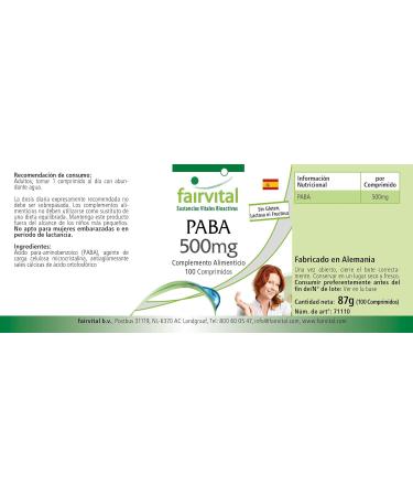 Fairvital | PABA 500mg (Vitamin B-10 para-aminobenzoic acid) 100 tablets VEGANs - against wrinkles skin protection and lets gray hair disappear - Buy Online on GoSupps.com