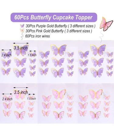 60Pcs Butterfly Cupcake Topper Set - Pink Purple Gold 3D Butterflies for Cake Decor - Ideal for Birthday, Anniversary, Wedding, Party Decor - Mixed Sizes - Buy Online on GoSupps.com