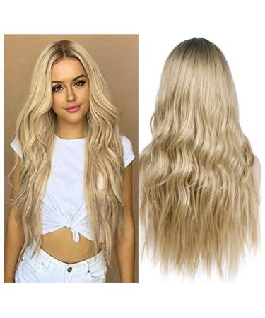 ColorfulPanda Ombre Blonde Wig with Dark Roots Natural Wavy Long Curly Synthetic Wigs for Women Cosplay Party Daily Wear