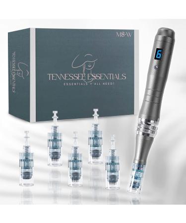 Tennessee essentials Dr pen M8-W microneedling pen with 5 sets of 2pcs 16 pins + 2pcs 36 pins + 1pcs Nano pin cartridges adjustable size 0.25mm to 2.5mm. Microneedle Dermapen for Face Body Home Use