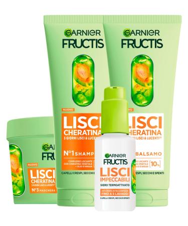 Garnier Fructis Kit Cheveux Lissant La k ratine avec Shampoing 200ml + Apr s-Shampoing 200ml + Masque 370ml + S rum Protecteur Thermique 50ml pour Cheveux Secs Ternes et Cr pus - Lot de 4