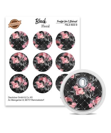FreeStyle Libre 3 Sensor Sticker - Set of 9 "Black Floral" - Stickers for sensors | Diasticker