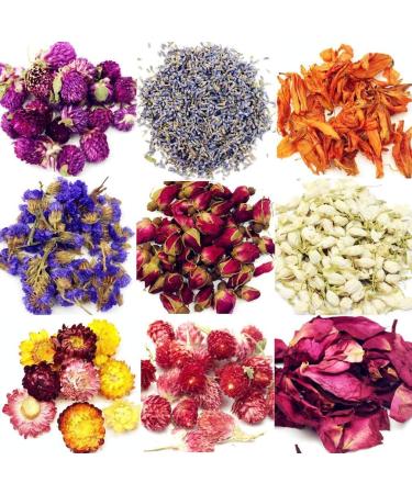 Organic Dried Flowers 9-Pack for Candle & Soap Making, Tea, Baking, DIY Beauty - Lavender, Roseleaf, Red Rose, Jasmine - Gluten-Free, Non-GMO, Caffeine-Free - 0.35oz per Bag (Bwa0038) - Buy Online on GoSupps.com
