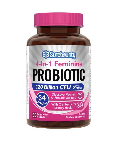 Probiotics for Women 120 Billion CFU 34 Strains Prebiotics Digestive Enzymes Cranberry 4-in-1 Feminine Probiotic Digestive Vaginal Immune Support 30ct 120 Billion for Women 30 Count