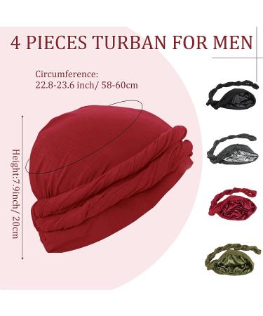 JALANCY 4 PCS Men's Turban Set - Vintage Twist Head Wraps in Modal and Satin Lined Scarf - Black, Wine Red, Army Green, Dark Gray - Medium - Buy Online on GoSupps.com