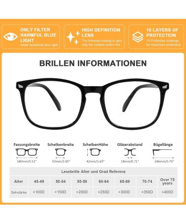 DOOViC Blue Light Filter Reading Glasses - Square Frame Large Lenses Prescription Strength 3.0x Black - Optimize Eye Comfort for International Shipping - Buy Online on GoSupps.com