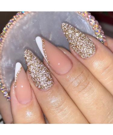 JUSTOTRY 24 Pcs Gold Glitter Stiletto False Nails Medium White French Press on Nails Pattern Trendy Fake Nails Short with Nail Glue Almond Stick on Nails for Women Nails Fake Nail for Nails Art white&gold1