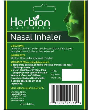 Herbion Naturals Non-Medicated Nasal Inhaler - 0.05 Fl Oz - Relieves Nasal Congestion & Sinusitis - Menthol, Clove, Eucalyptus, and Camphor - Pack of 1 - Buy Online on GoSupps.com