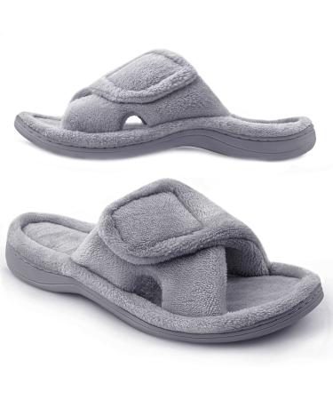 Women's Adjustable Diabetic Slippers Memory Foam House Shoes Cozy Arch Support Orthotic Heel Cup Arthritis Edema Slippers Non Slip Rubber Sole Open Toe Fuzzy Slide Sandals for Ladies 8-9 Grey