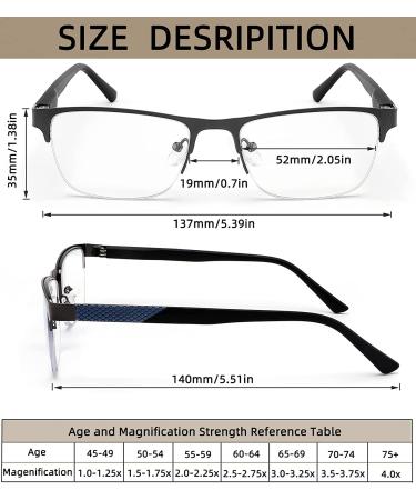 3-Pack Blue Light Blocking Reading Glasses for Men - Fashion Metal Half Frame Readers | Flexible Spring Hinge | Anti Glare/ Eye Strain/ UV Computer Eyeglasses | Magnification 2.25x | 3 Pack Mix Colors - Buy Online on GoSupps.com