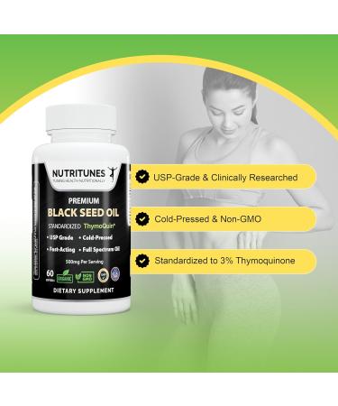 Nutritunes Organic Black Seed Oil 3% Thymoquinone Standardized Clinically Studied USP Grade Cold-Pressed Nigella Sativa ThymoQuin Non-GMO 60 Softgels - Buy Online on GoSupps.com