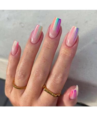 24pcs French False Nails Short - Almond Square Press on Nails - Full Cover Acrylic False Nails With Glue - Rainbow Blooming French Fake Nails for Women and Girls Nail Art - Buy Online on GoSupps.com