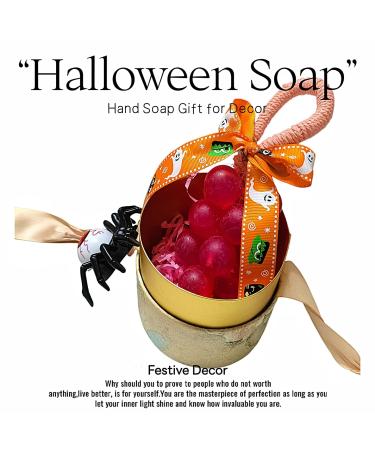 Pink Crystal Grape Handmade Soap Halloween Decoration Set with Pumpkin Ribbon & Spooky Accessory (Spider Carrying Red Eyeball) - Festive Halloween Hand Soap Gift for Bathroom Decor - Buy Online on GoSupps.com