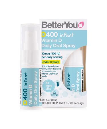 BetterYou Vitamin D 400 IU Infant Daily Oral Spray Pill-free Vitamin D3 Supplement for Children Under 3 Years Pure and Gentle Formula 3-month Supply Made in the UK Flavour Free