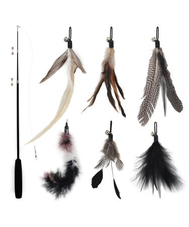 SONGWAY Interactive Cat Feather Toys - 7 Pcs Cat Toy Set, Retractable Cat Wand Toy, Teaser Refills Worm Bird Feathers with Bell, Cat Teaser Toys for Indoor Cats Kitten Play Chase Exercise, Black