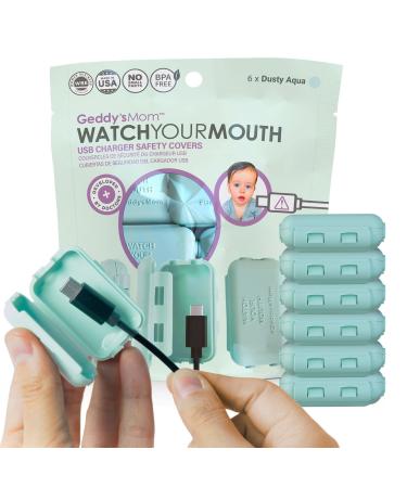 Geddy's Mom - Watch Your Mouth - The Award Winning USB Charger Child Safety Cover - Made in The USA - Baby Proofing Toddler Shock Prevention (6 Pack Dusty Aqua)