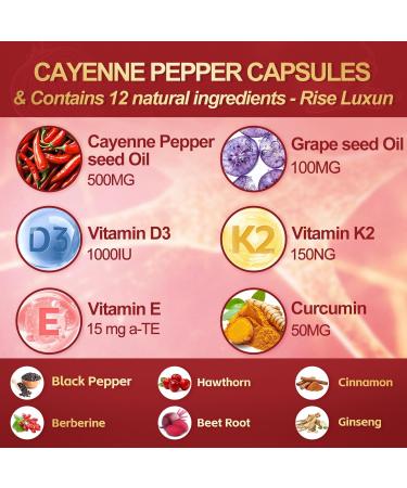 RiseLuxun 12-in-1 Cayenne Pepper Capsules Supplement* 5000mg Per Serving Containing | Vitamin D3 K2+E & Extracts of Grape Seed Hawthorn Beetroot Berberine Other Extracts - Buy Online on GoSupps.com