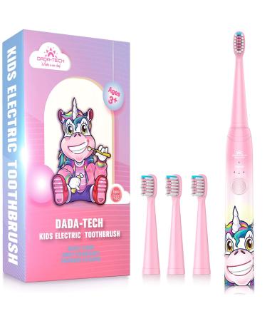 Dada-Tech Kids Electric Toothbrush Rechargeable, Soft Unicorn Tooth Brush with Timer Powered by Sonic Technology for Children Boys and Girls Age 3+, Waterproof for Shower and 3 Modes (Pink) Pink Unicorn
