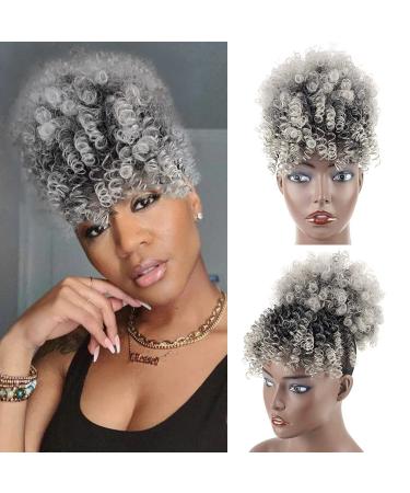 Gray Afro Puff Drawstring Ponytail with Bangs Salt and Pepper Wigs for Women Afro High Puff Bun with Bangs Short Afro Kinky Curly Hair Bun with Bangs UAmy hair Synthetic Ponytail Extensions with Clips in(T1B/Gray ) 1 pie...