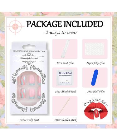 Square Short Blue French Fake Nails - 24Pcs Press On Acrylic with Pink Swirl | Nail Glue and Tips for Women & Girls - Buy Online on GoSupps.com