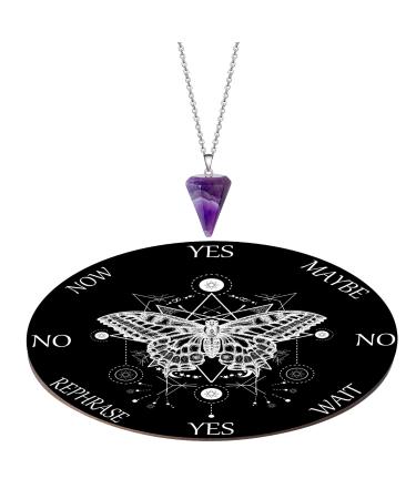 Butterfly Pendulum Board dowsing Necklace Divination Altar Witchcraft Wooden kit Chart Wiccan Wand Crystal Game Divinity Metaphysical Message Quartz Chakra Healing Stone (Black)