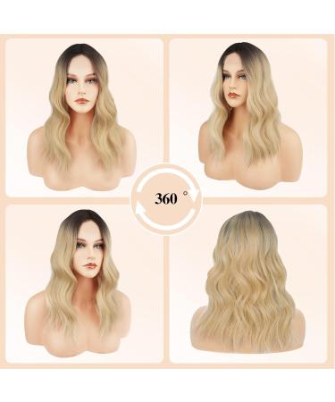 Fine Lace Front Wavy Wig for Women | 40 cm Black Brown to Light Blonde Shoulder-Length Synthetic Bob | Daily Wear Middle Parting R4/613/24# - Buy Online on GoSupps.com