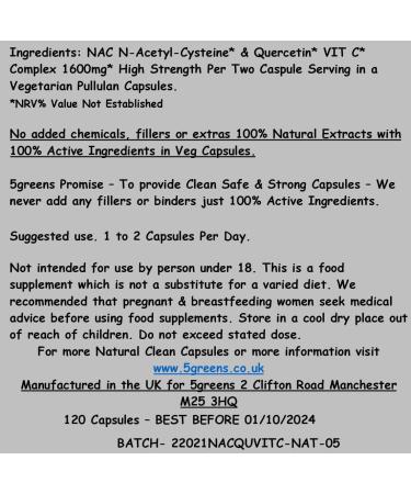 NAC N-Acetyl-Cysteine & Quercetin VIT C Complex 1600mg High Strength Per Serving 120 Vegan Friendly Capsules- No Fillers or Binders Nac Quercetin VIT C Complex - Buy Online on GoSupps.com