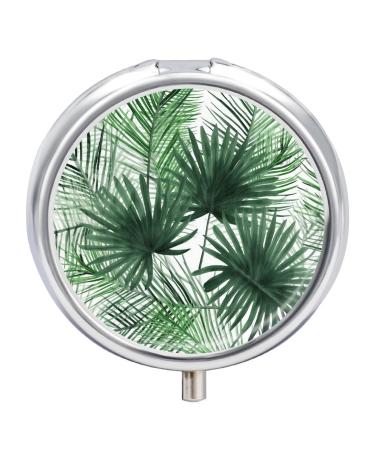 Round Pill Box Transparent Palm Leaf Pattern Print 3 Compartment Medicine Pill Case Print Pill Organizer Decorative Metal Portable Pill Box Pocket Pill Box Style-7