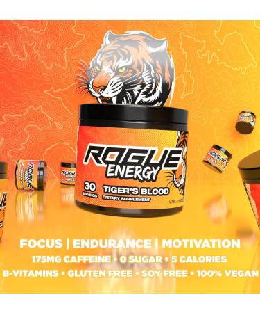 Rogue Energy Drink Powder - Boost Mental Focus & Endurance for Gaming - Sugar & Gluten Free - Caffeine & Vitamins - Tiger s Blood Flavor - 30 Servings - Made in USA - Buy Online on GoSupps.com