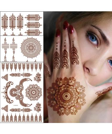 6 Sheets Henna Tattoos Brown Henna Temporary Tattoo Stickers Sexy Lace Waterproof Removable Fake Tattoos Luxury Mandala Flower Design Body Decals for Women Birthday DIY Body Face Party Supplies Favors
