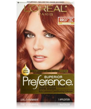 L'Oreal Paris Superior Preference Fade-Defying + Shine Permanent Hair Color  RR-07 Intense Red Copper  Pack of 1  Hair Dye RR-07 Intense Red Copper 1 Count (Pack of 1)