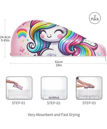 Shop Cute Cartoon Rainbow Unicorn Hair Towel 2 Pack Super Absorbent Quick Dry Turbans for Women & Girls - Buy Online on GoSupps.com