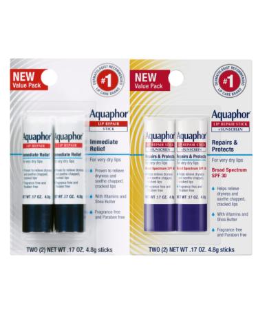 Aquaphor Lip Repair, Moisturizing Lip Balm Multipack (2 Repair sticks + 2 Repair & Protect SPF 30 sticks)