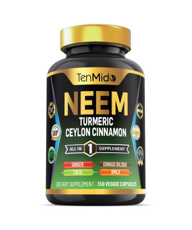 Tenmido Neem Leaf Supplement - 8in1 Formula - Combine with Turmeric Ceylon Cinnamon Ginger Tulsi Ginkgo Biloba Amla and Black Pepper - Immune Health Support - 150 Vegan Capsules