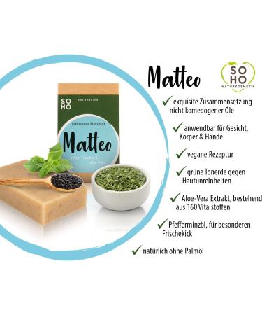 SOHO Naturkosmetik "Matteo" face soap for oily and blemished skin vegan facial cleansing with aloe vera and clay solid soap - Buy Online on GoSupps.com