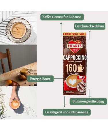 HEARTS Cappuccino with fine cocoa 1 kg trial pack extra economical for 160 cups milky and creamy beverage powder containing coffee - Buy Online on GoSupps.com