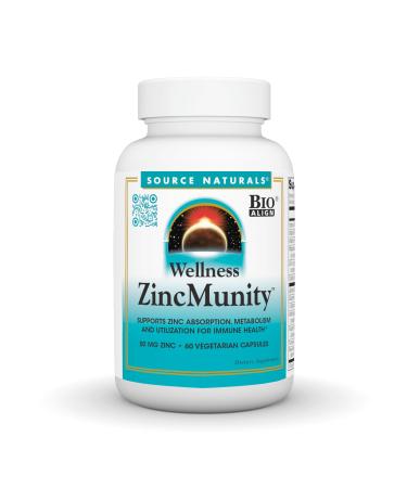 Source Naturals Wellness ZincMunity, Supports Zinc Absorption, Metabolism and Utilization for Immune Heath*, 50 mg Zinc - 60 Vegetarian Capsules 60 Count (Pack of 1)