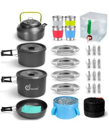 Odoland 29pcs Camping Cookware Mess Kit Non-Stick Lightweight Pots Pan Kettle Collapsible Water Container and Bucket Stainless Steel Cups Plates Forks Knives Spoons for Outdoor Backpacking Picnic