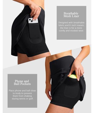 SANTINY 19 Golf Skorts for Women - Zipper Pockets, Knee-Length, High Waist Athletic Tennis Skirt | Black, Large - Buy Online on GoSupps.com