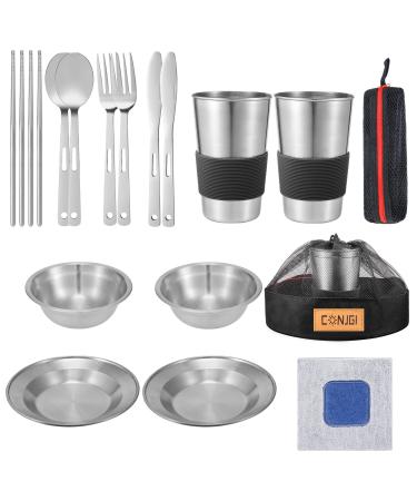 Outdoor Camping Mess Kit - 1 to 2 persons Camping Dishes Includes Cups, Bowls, Dishes, Knives, Forks, Spoons, Etc, Camping Dinnerware Set with Mesh Bag is Easy to Carry Camping Tableware Set 2 person set black