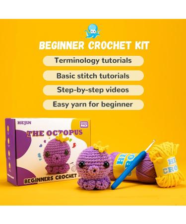 HEJIN Crochet Kit for Beginners, Beginner Crochet Kit for Adults Kids,  Octopus Crochet Animal Kit Include Videos Tutorials, Yarn, Eyes, Stuffing,  Crochet Hook- Boys and Girls Birthdays Gift