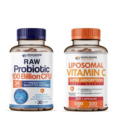 Wholesome Wellness Organic Probiotics 100 Billion CFU Dr Formulated for Women and Men + Liposomal Vitamin C Capsules (200 Pills 1500mg Buffered) High Absorption VIT C Bundle