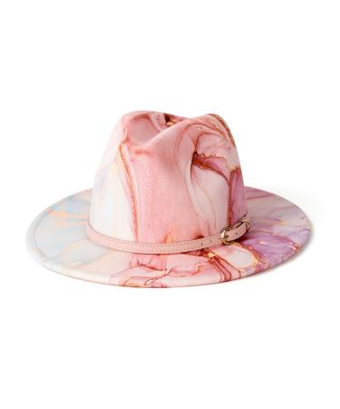 Gossifan Tie-dye Wide Brim Fedora Hats for Women Multicolor Felt Panama Hat Gold Pink 7 1/8-7 1/4