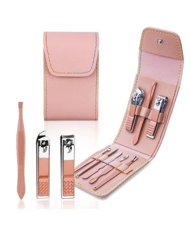 SUBESING Manicure Set Nail Clippers Kit ,8 in 1 Professional Pedicure Kit Nail Scissors Grooming Kit with Leather Travel Case 8pcs-pink