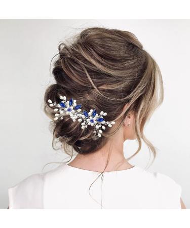 Flower Bridal Hair Pins Pearl Bride Wedding Hair Accessories Rhinestone Hair Piece for Women and Girls(Blue) - Buy Online on GoSupps.com